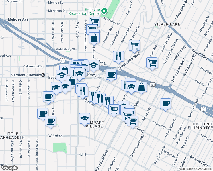 map of restaurants, bars, coffee shops, grocery stores, and more near 245 Robinson Street in Los Angeles