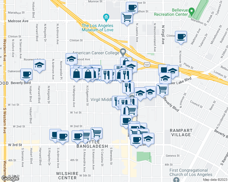 map of restaurants, bars, coffee shops, grocery stores, and more near 3960 Beverly Boulevard in Los Angeles