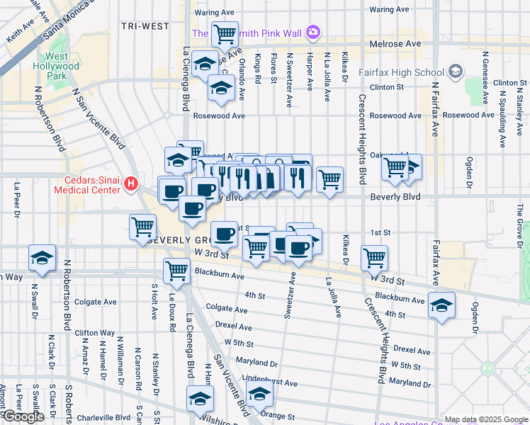 map of restaurants, bars, coffee shops, grocery stores, and more near 131 North Kings Road in Los Angeles