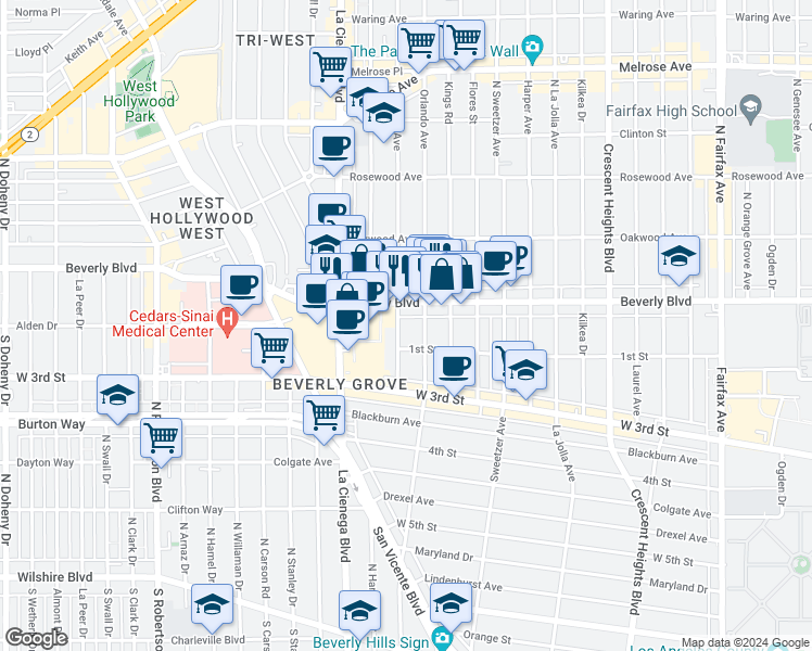 map of restaurants, bars, coffee shops, grocery stores, and more near in Los Angeles