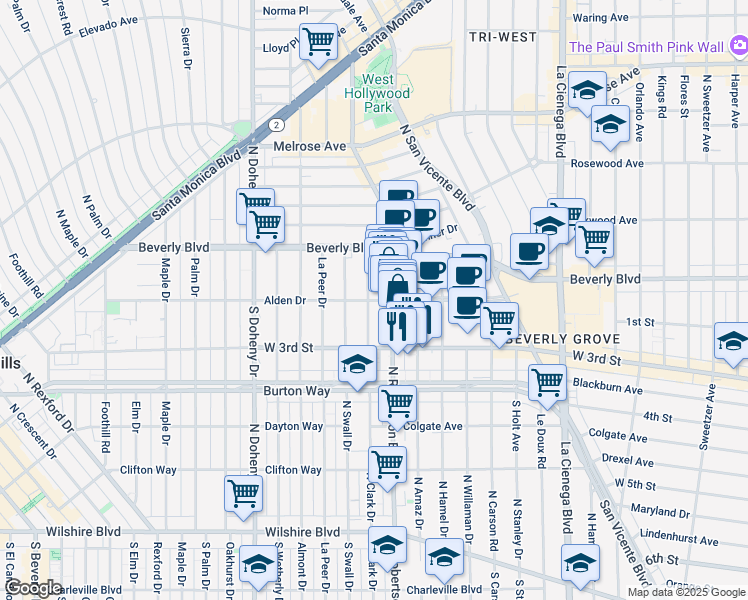 map of restaurants, bars, coffee shops, grocery stores, and more near 100 North Clark Drive in West Hollywood