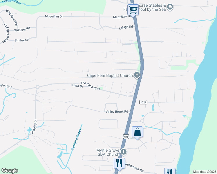 map of restaurants, bars, coffee shops, grocery stores, and more near 8112 Mainsail Lane in Wilmington