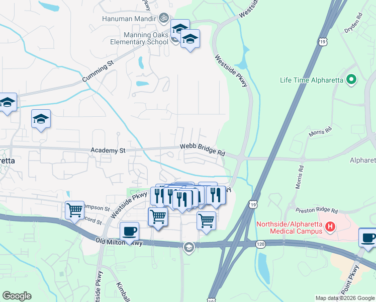 map of restaurants, bars, coffee shops, grocery stores, and more near 6115 Woodland Lane in Alpharetta