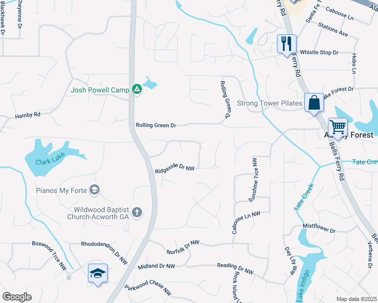 map of restaurants, bars, coffee shops, grocery stores, and more near 4848 Green Forest Court Northwest in Acworth