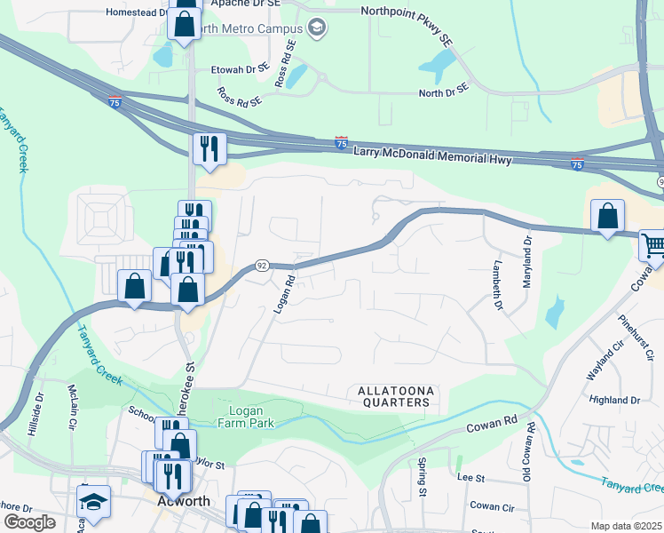 map of restaurants, bars, coffee shops, grocery stores, and more near 4944 Futral Dr in Acworth