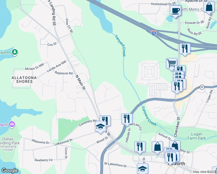 map of restaurants, bars, coffee shops, grocery stores, and more near 4678 Fowler Circle in Acworth