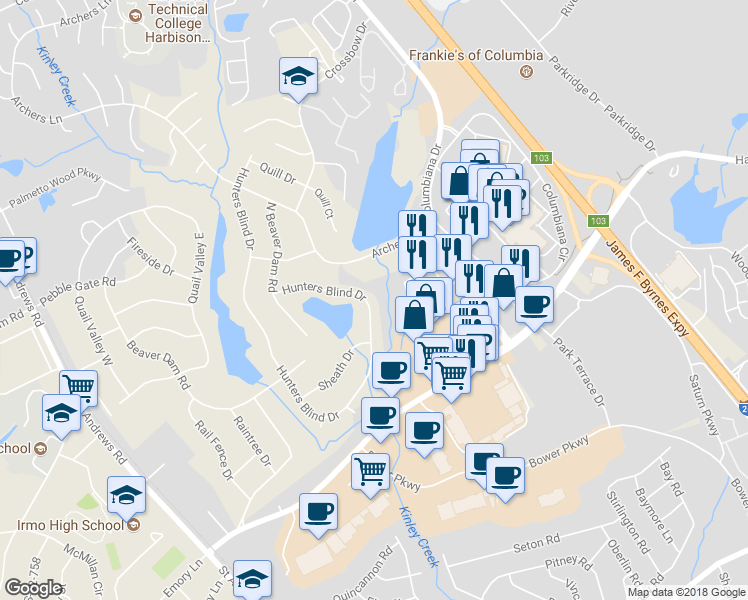 map of restaurants, bars, coffee shops, grocery stores, and more near 151 Hunters Blind Drive in Columbia