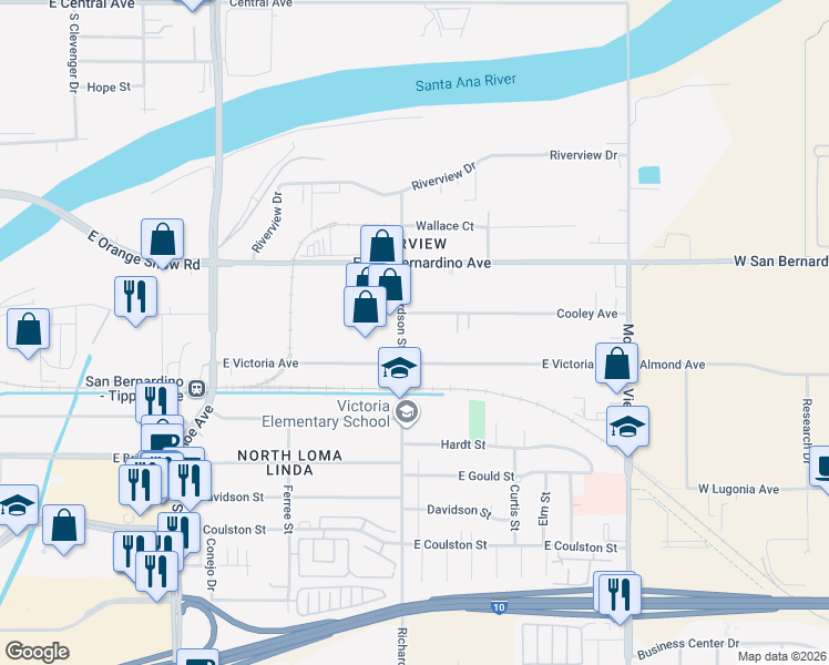 map of restaurants, bars, coffee shops, grocery stores, and more near 9811 Richardson Street in San Bernardino