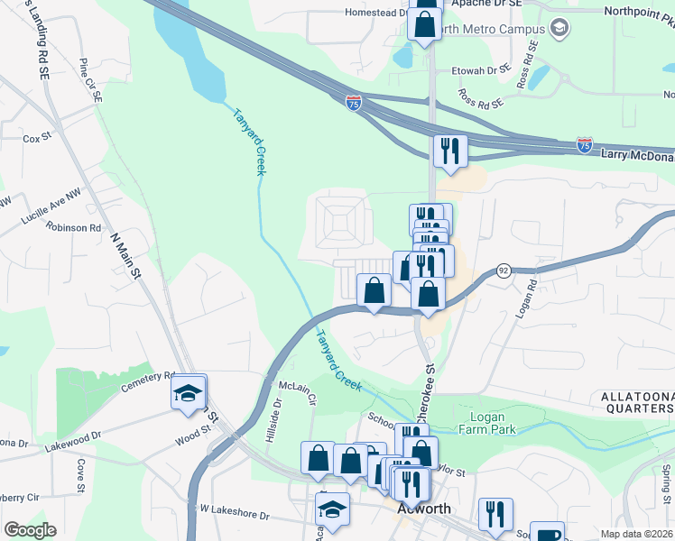 map of restaurants, bars, coffee shops, grocery stores, and more near 5047 Little Harbor Way in Acworth