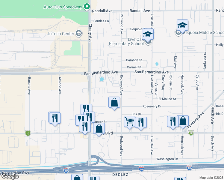 map of restaurants, bars, coffee shops, grocery stores, and more near 14644 El Molino Street in Fontana