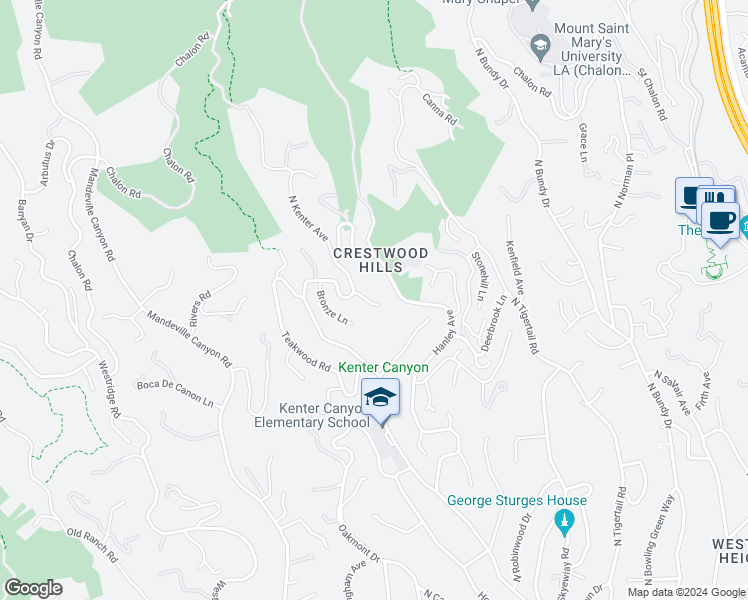 map of restaurants, bars, coffee shops, grocery stores, and more near 908 Kenter Way in Los Angeles