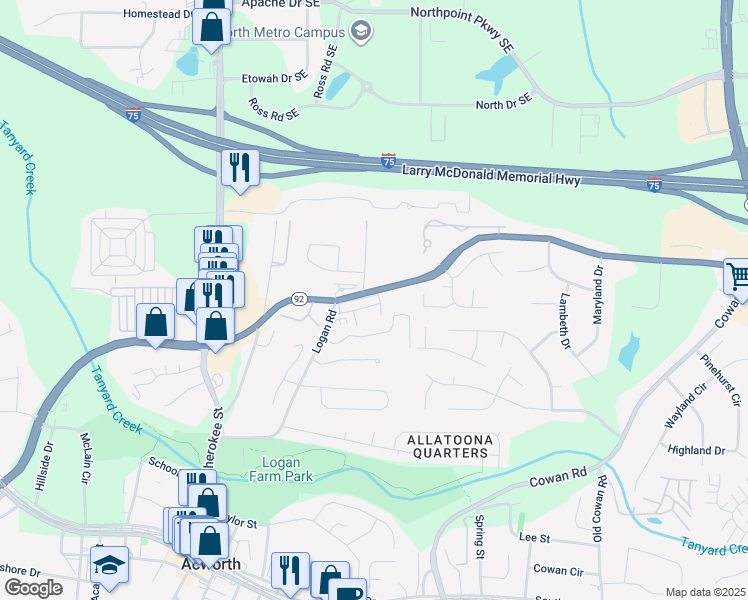 map of restaurants, bars, coffee shops, grocery stores, and more near 4944 Futral Dr in Acworth