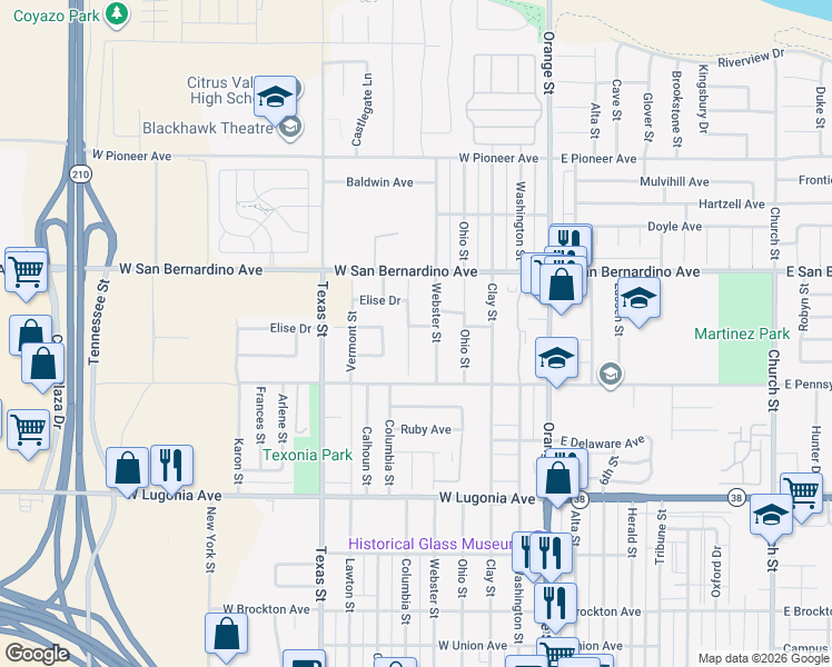 map of restaurants, bars, coffee shops, grocery stores, and more near 1532 Columbia Street in Redlands