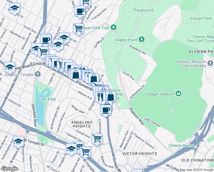 map of restaurants, bars, coffee shops, grocery stores, and more near 1344 Douglas Street in Los Angeles
