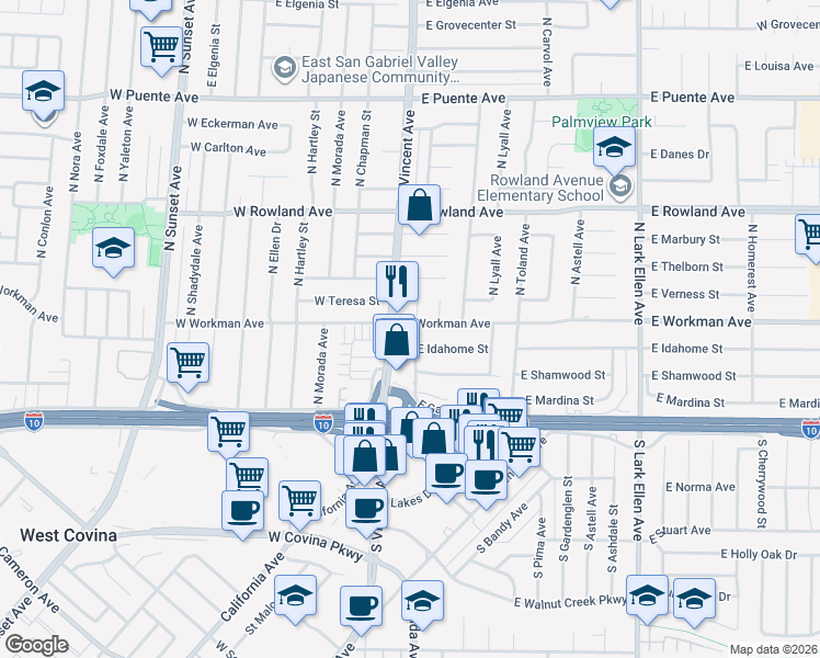map of restaurants, bars, coffee shops, grocery stores, and more near 243 North Maplewood Avenue in West Covina