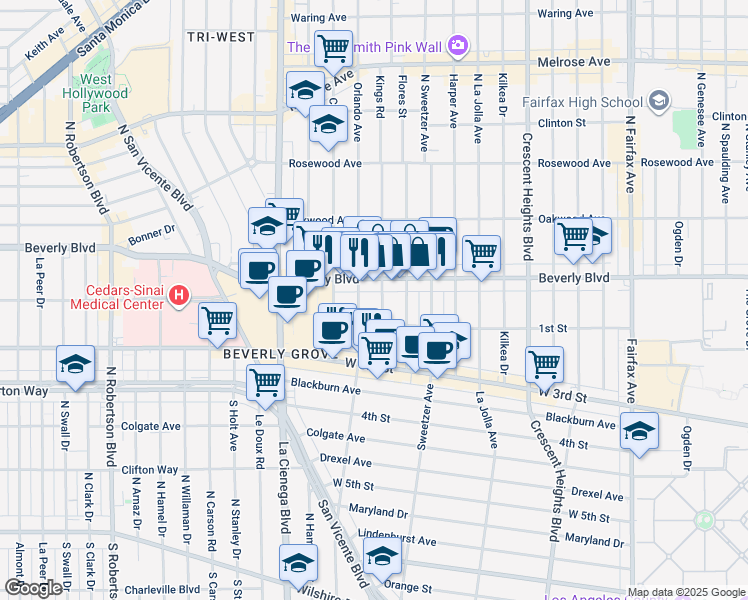 map of restaurants, bars, coffee shops, grocery stores, and more near 123 Kings Road in Los Angeles