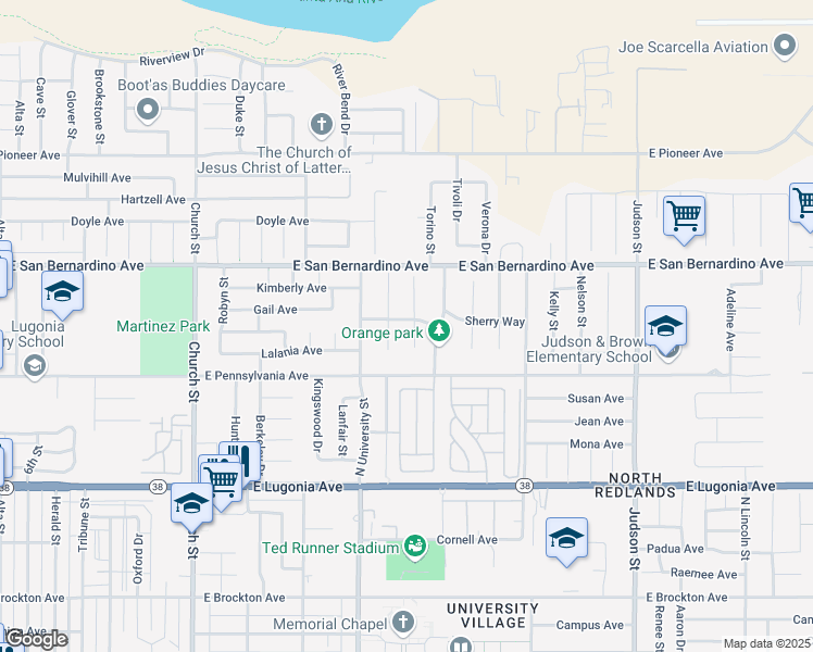 map of restaurants, bars, coffee shops, grocery stores, and more near 1541 Rose Street in Redlands