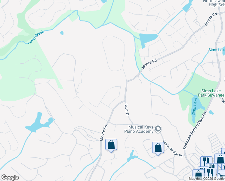 map of restaurants, bars, coffee shops, grocery stores, and more near 622 Rio Vista Court in Suwanee