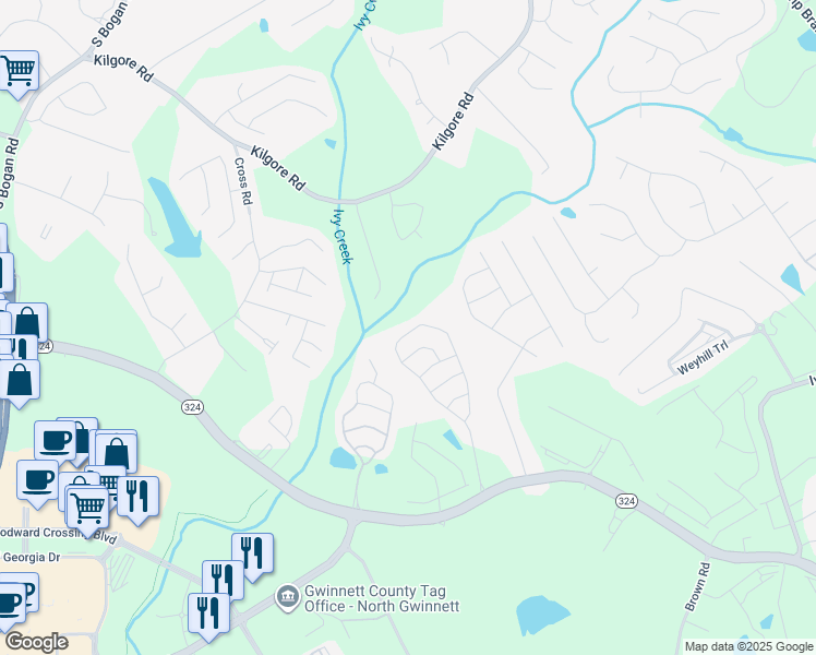 map of restaurants, bars, coffee shops, grocery stores, and more near 3526 Brockenhurst Drive in Buford