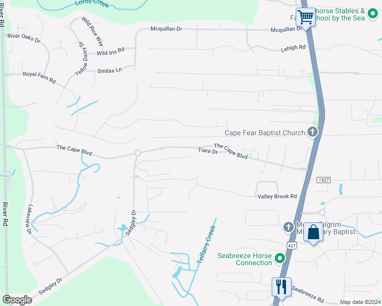 map of restaurants, bars, coffee shops, grocery stores, and more near 711 The Cape Boulevard in Wilmington