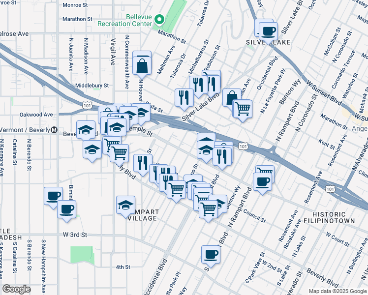 map of restaurants, bars, coffee shops, grocery stores, and more near 3121 West Temple Street in Los Angeles