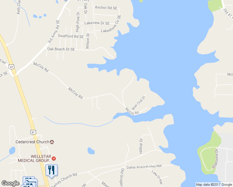 map of restaurants, bars, coffee shops, grocery stores, and more near 5650 McCoy Road in Acworth