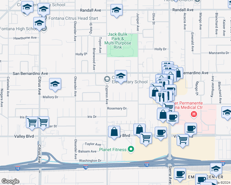 map of restaurants, bars, coffee shops, grocery stores, and more near 9825 Chantry Avenue in Fontana