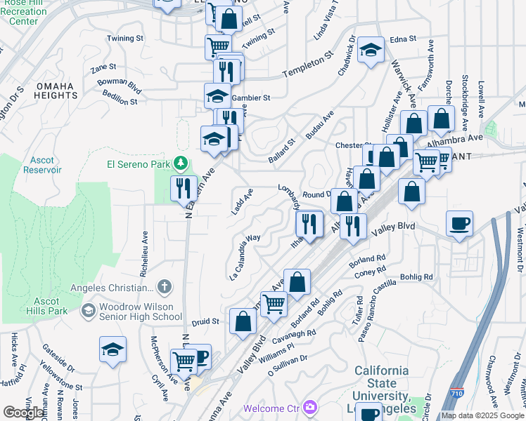 map of restaurants, bars, coffee shops, grocery stores, and more near 5064 Kimball Street in Los Angeles