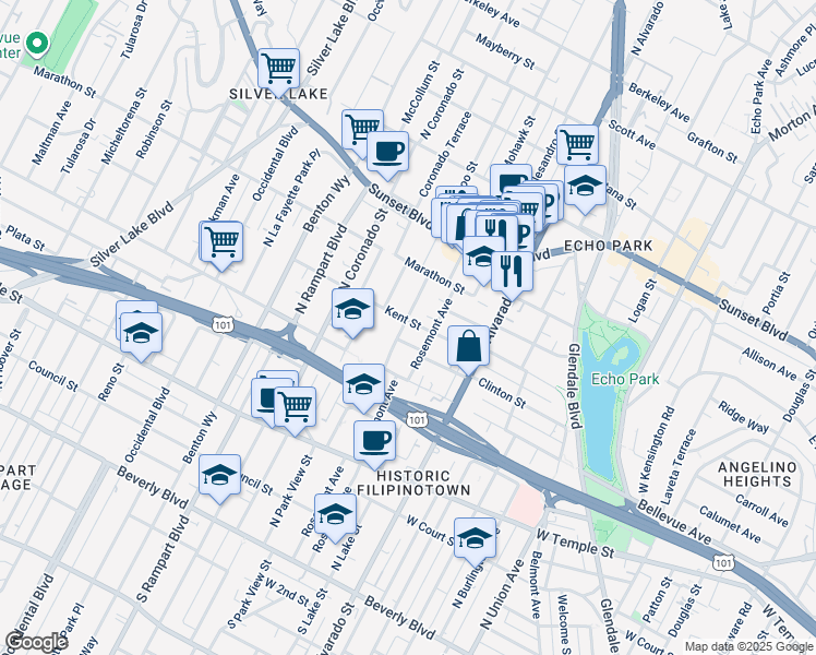 map of restaurants, bars, coffee shops, grocery stores, and more near 720 Waterloo Street in Los Angeles