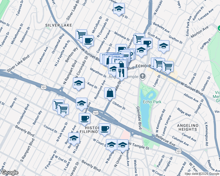 map of restaurants, bars, coffee shops, grocery stores, and more near 2114 Santa Ynez Street in Los Angeles