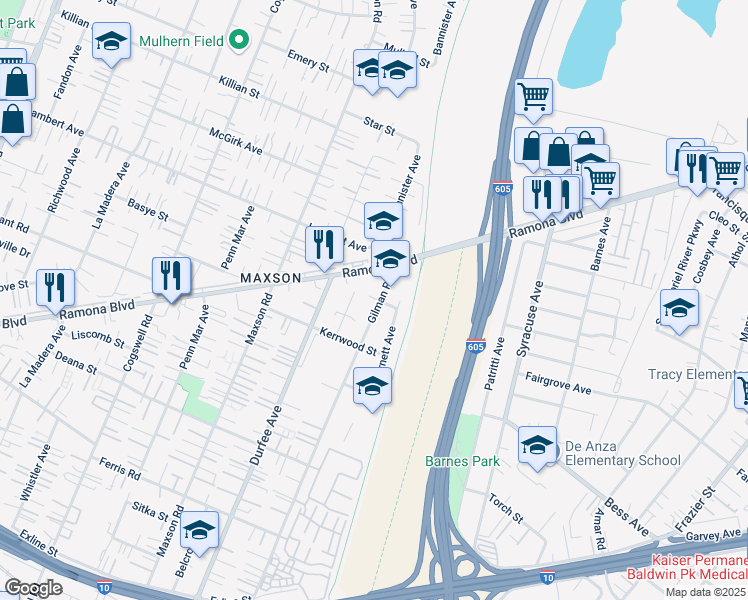 map of restaurants, bars, coffee shops, grocery stores, and more near 4159 Gilman Road in El Monte