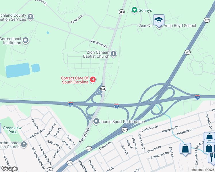 map of restaurants, bars, coffee shops, grocery stores, and more near 7788 Farrow Road in Columbia