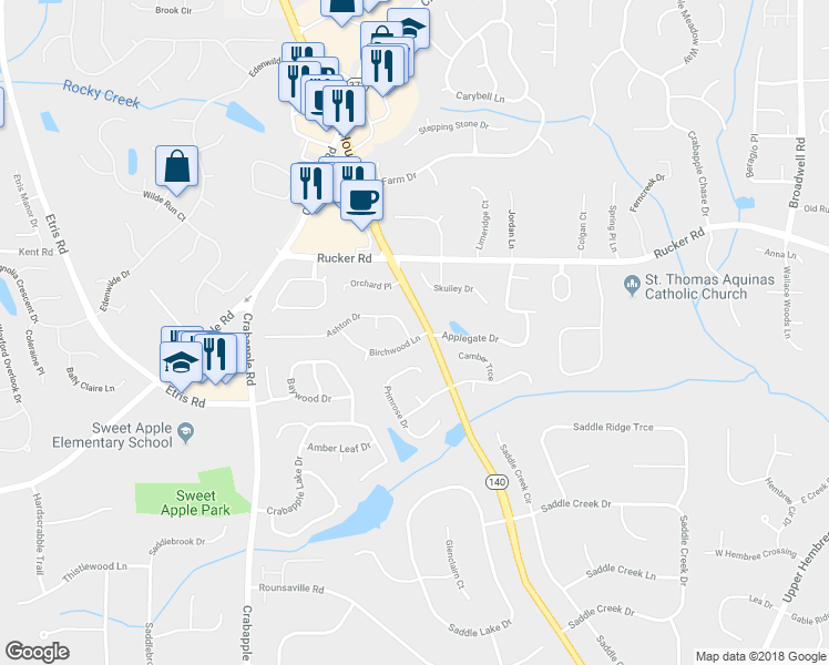 map of restaurants, bars, coffee shops, grocery stores, and more near 2105 Ashton Drive in Roswell
