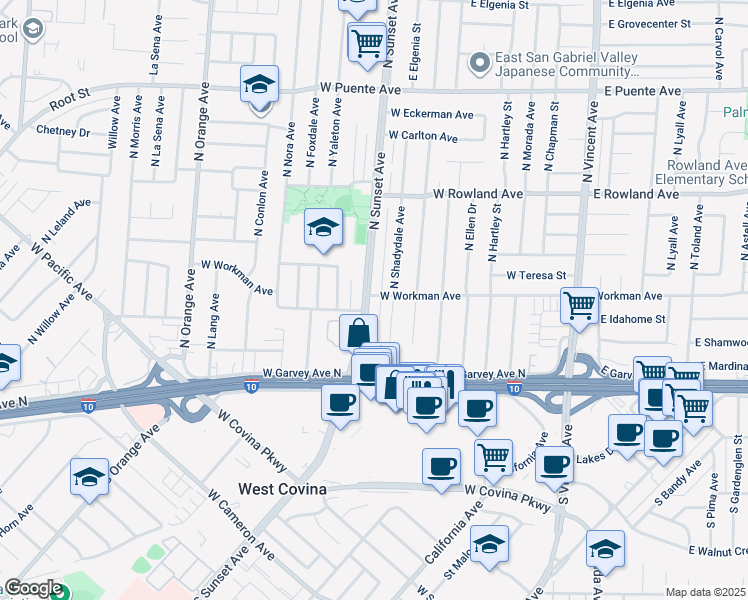 map of restaurants, bars, coffee shops, grocery stores, and more near 238 North Sunset Avenue in West Covina