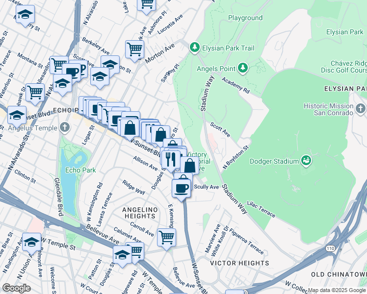 map of restaurants, bars, coffee shops, grocery stores, and more near 1344 Douglas Street in Los Angeles