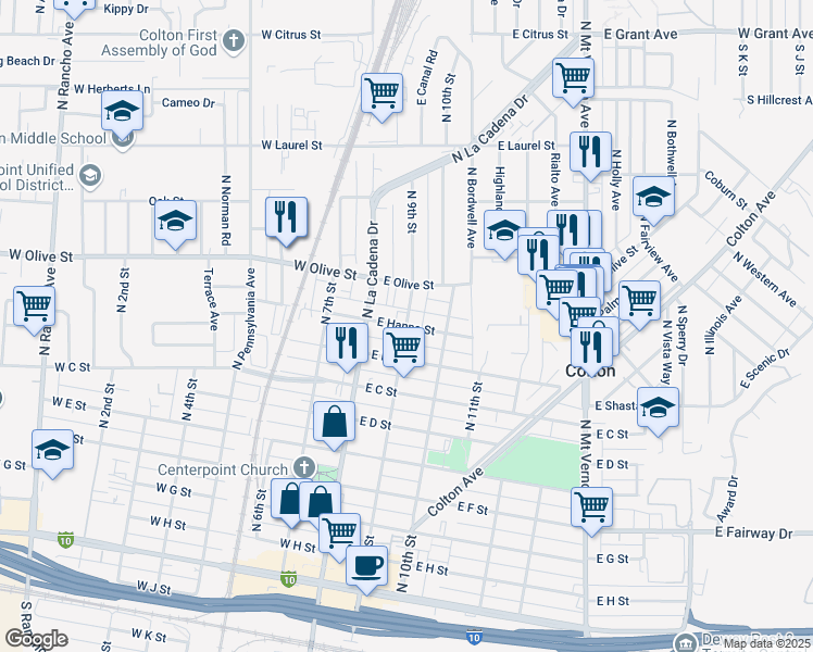 map of restaurants, bars, coffee shops, grocery stores, and more near 191 East Hanna Street in Colton