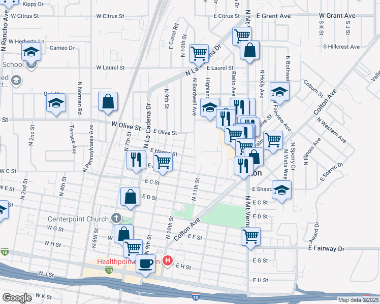 map of restaurants, bars, coffee shops, grocery stores, and more near 323 East Hanna Street in Colton
