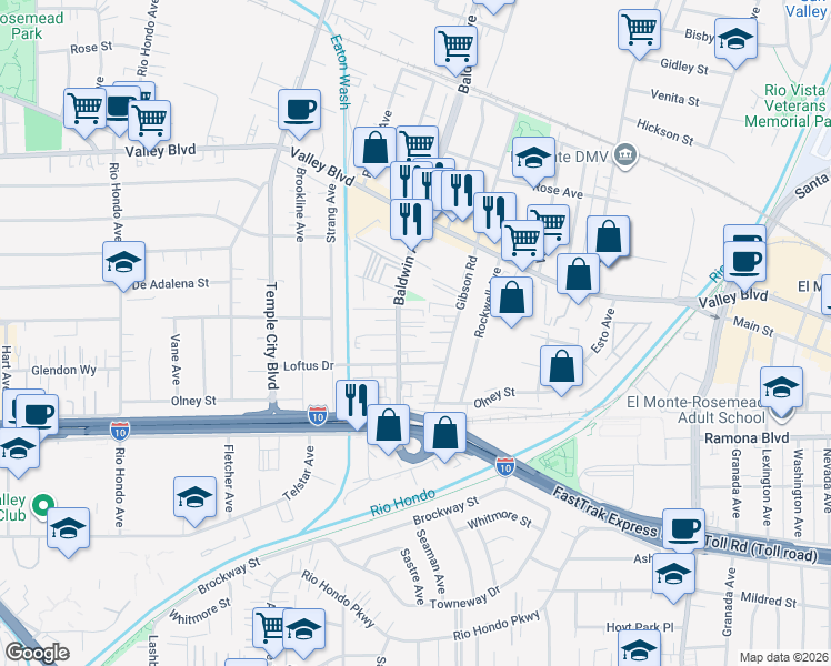 map of restaurants, bars, coffee shops, grocery stores, and more near 3644 Baldwin Avenue in El Monte