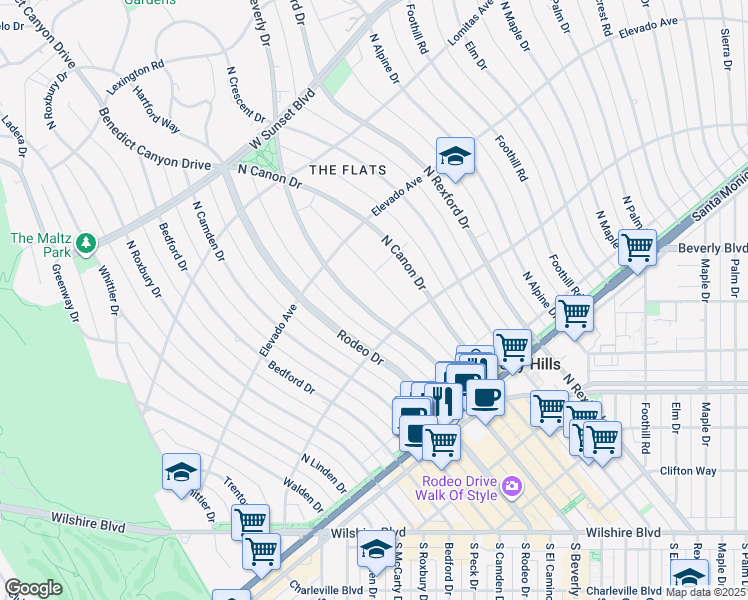 map of restaurants, bars, coffee shops, grocery stores, and more near 610 North Beverly Drive in Beverly Hills