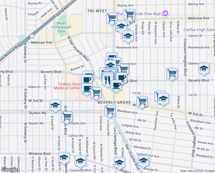 map of restaurants, bars, coffee shops, grocery stores, and more near 8500 Beverly Boulevard in Los Angeles
