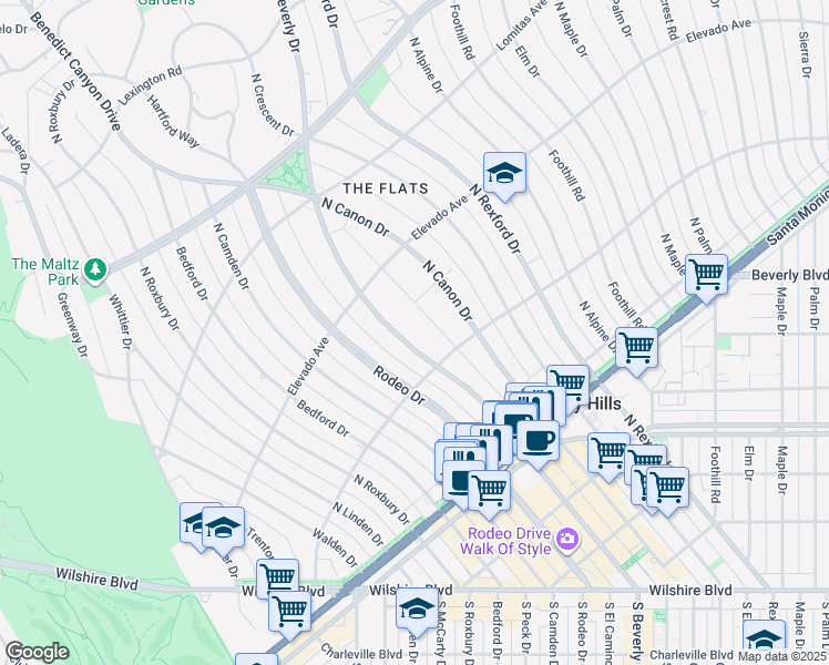 map of restaurants, bars, coffee shops, grocery stores, and more near 610 North Beverly Drive in Beverly Hills