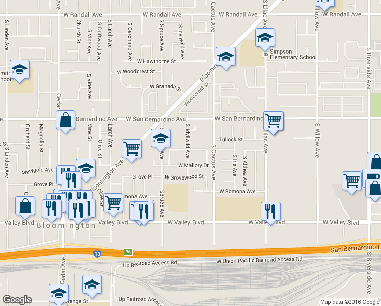 map of restaurants, bars, coffee shops, grocery stores, and more near 795 West El Molino Street in Bloomington