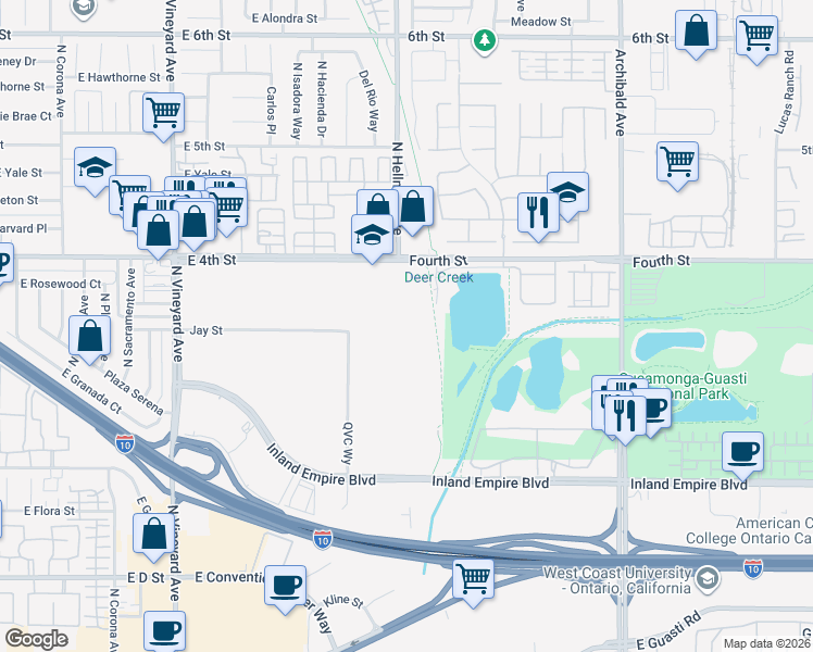 map of restaurants, bars, coffee shops, grocery stores, and more near 3551 Indigo Privado in Ontario