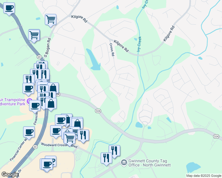 map of restaurants, bars, coffee shops, grocery stores, and more near 3280 Hallmark Lane Northeast in Buford