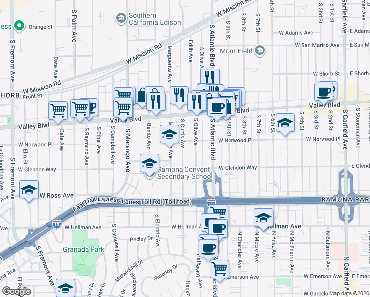 map of restaurants, bars, coffee shops, grocery stores, and more near 1606 South Curtis Avenue in Alhambra