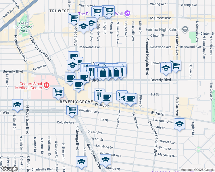 map of restaurants, bars, coffee shops, grocery stores, and more near 126 North Kings Road in Los Angeles