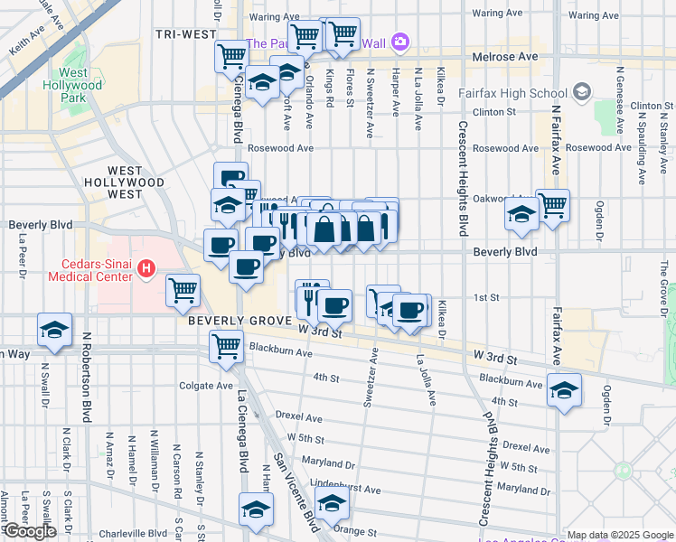 map of restaurants, bars, coffee shops, grocery stores, and more near 126 North Kings Road in Los Angeles