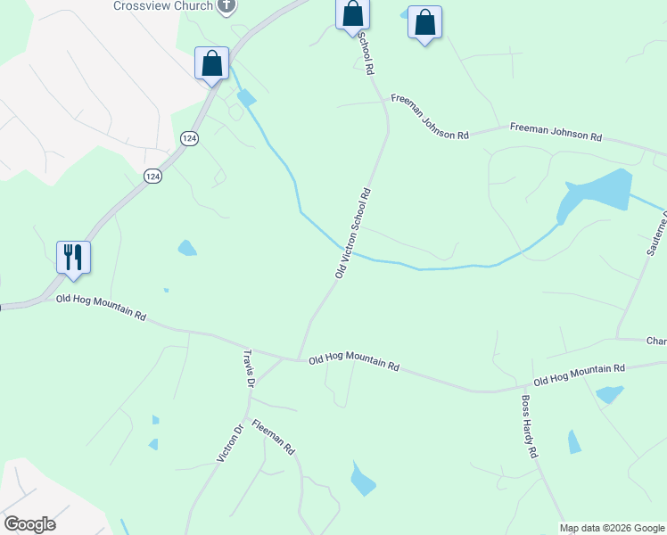 map of restaurants, bars, coffee shops, grocery stores, and more near 1260 Old Victron School Road in Hoschton