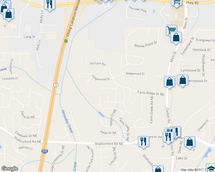 map of restaurants, bars, coffee shops, grocery stores, and more near 336 Farm Place Court Northeast in Woodstock