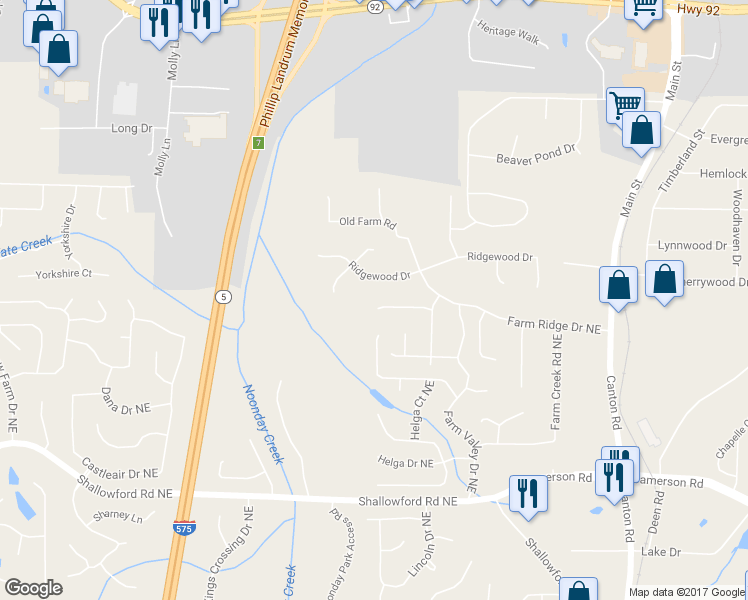 map of restaurants, bars, coffee shops, grocery stores, and more near 362 Farm Place Court Northeast in Woodstock